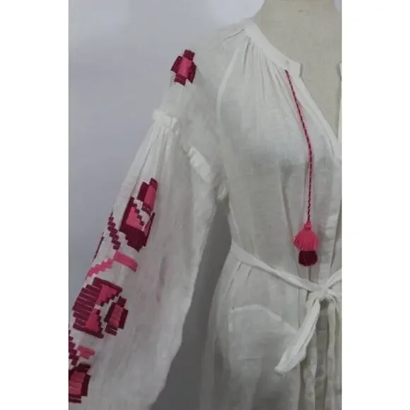 ELEVEN March 11 Sz XS Ivory Linen Pink Embroidered Belted Midi Dress - Picture 8 of 9